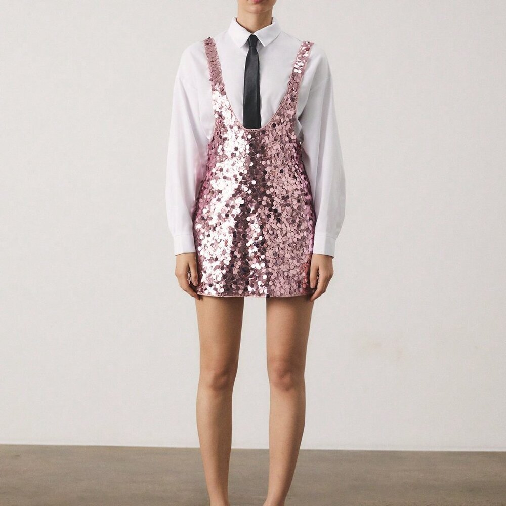 Pink Casual Women's Sequin Strap Sequined Mini Dress - Picture 3 of 5